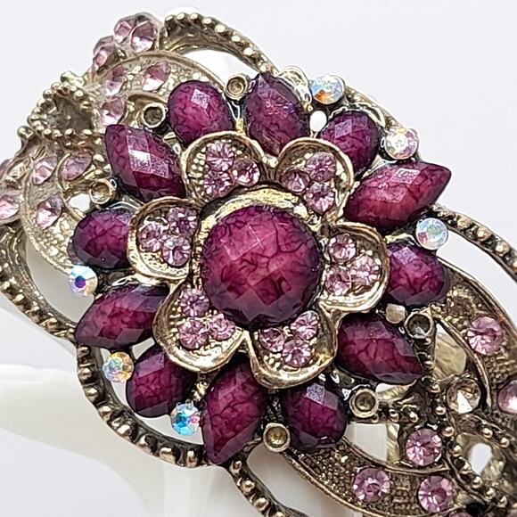 Purple Pink Rhinestone Hinged Bracelet, Victorian Style, 6 1/2 Inches - Picture 4 of 14